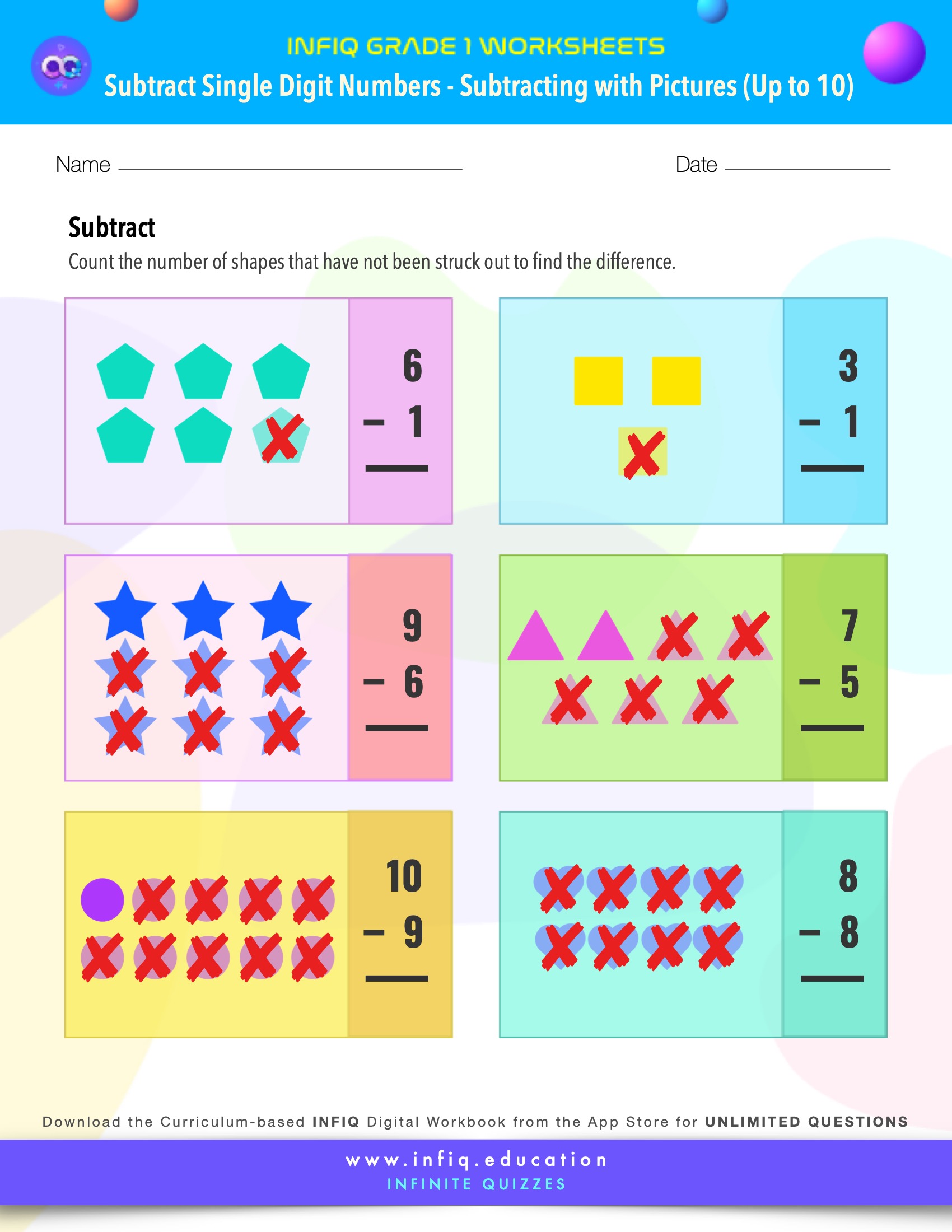 Infiq Grade Math Worksheets Subtract Single Digit Numbers