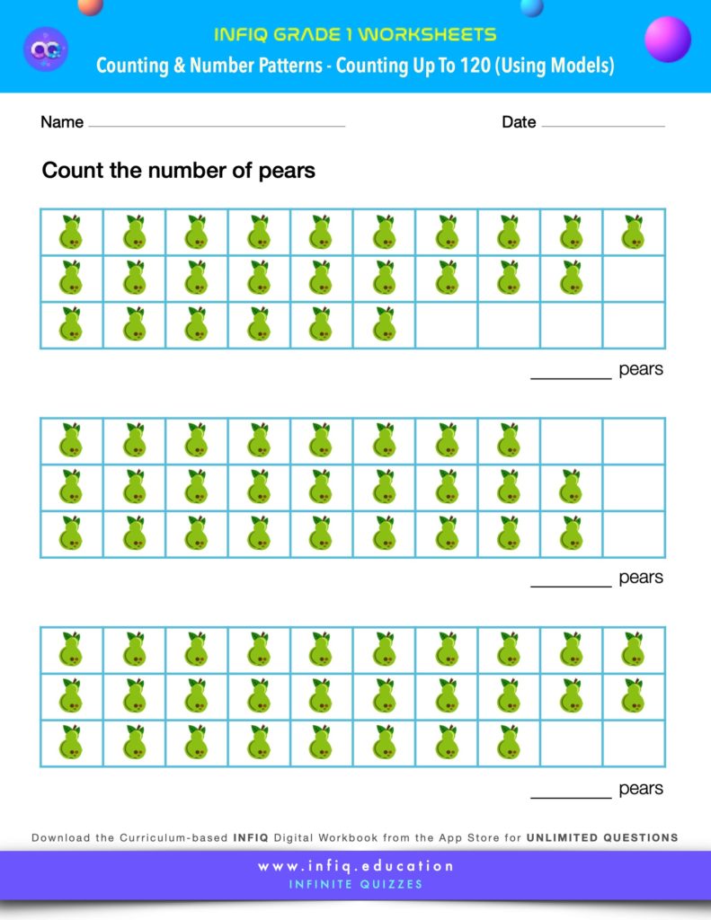 Grade 1 Math Worksheets - Counting & Number Patterns - Counting up to 120 (using models)