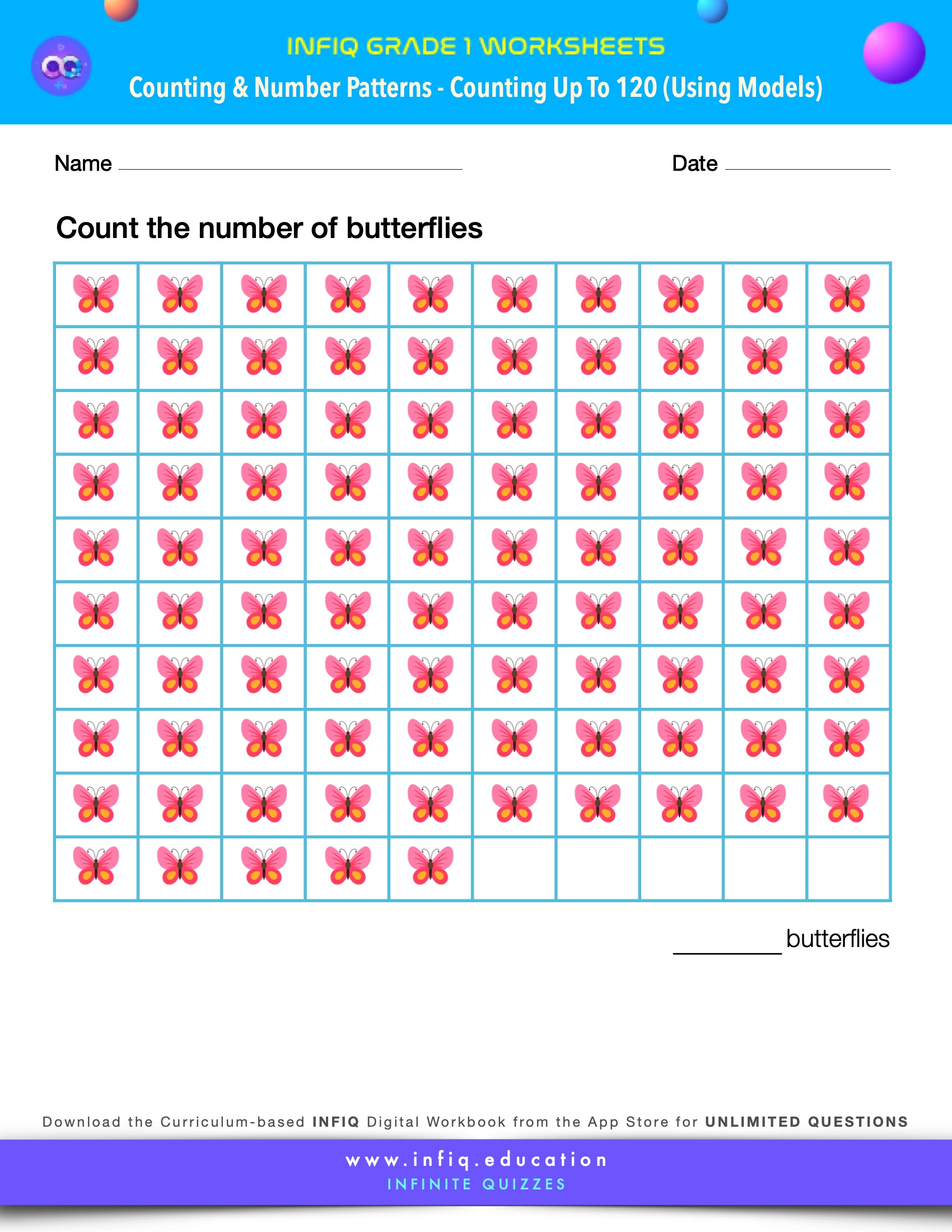 Grade 1 Math Worksheets - Counting & Number Patterns - Counting up to 120 (using models)