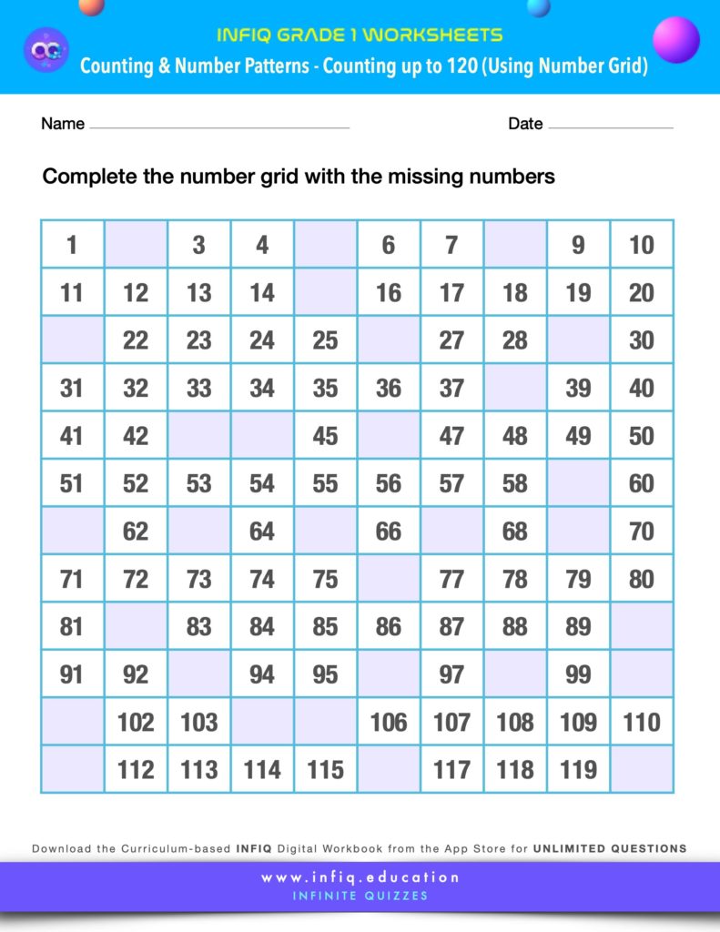Grade 1 Math Worksheets - Counting & Number Patterns - Counting up to 120 (using the number grid)