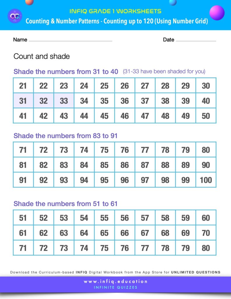 Grade 1 Math Worksheets - Counting & Number Patterns - Counting up to 120 (using the number grid)
