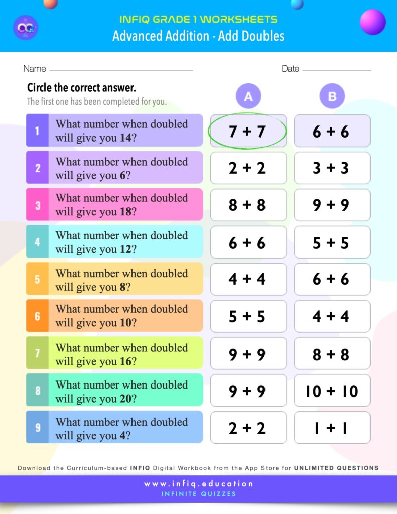 Grade 1 Math - Add Doubles Worksheet