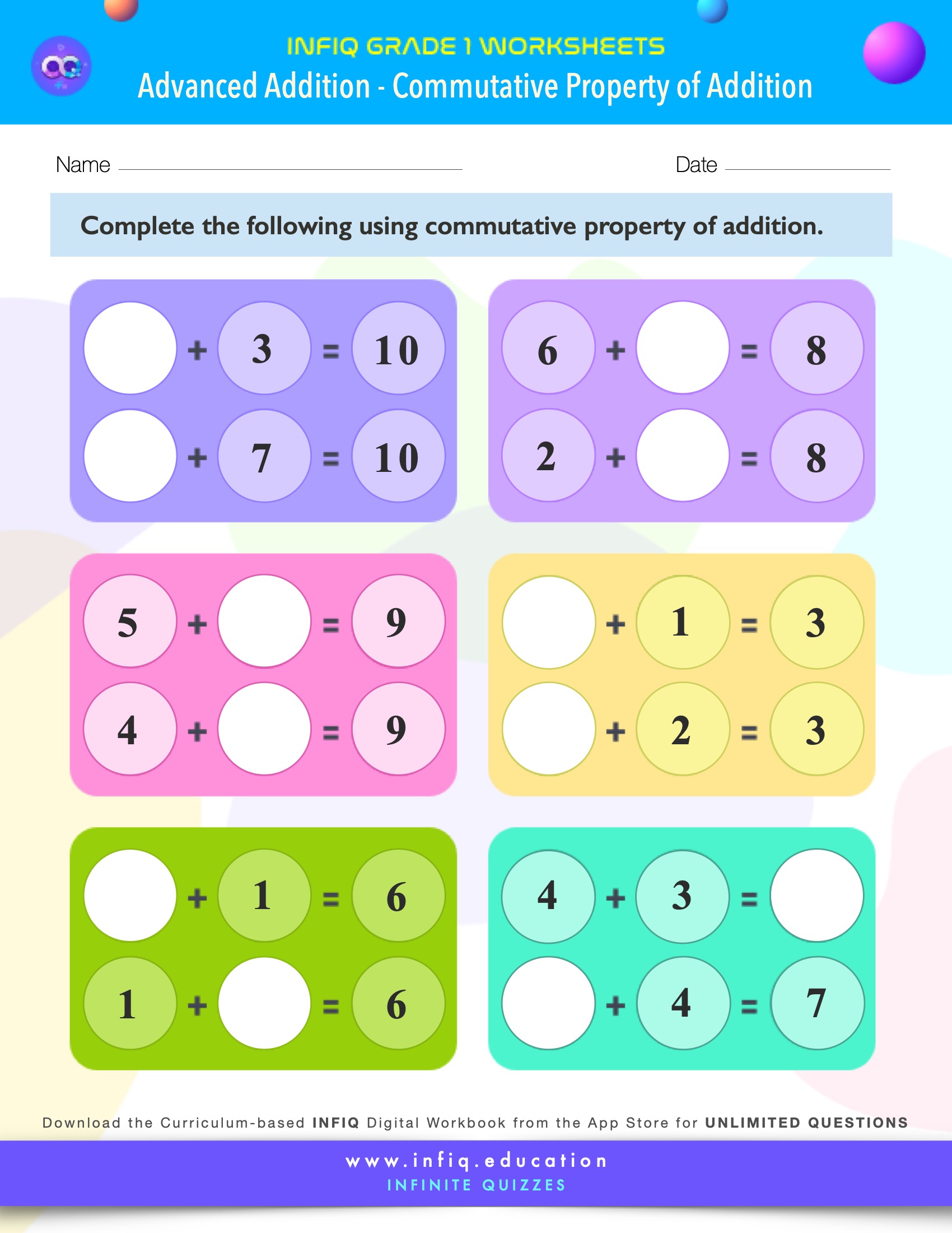 INFIQ GRADE 1 Math Worksheets Advanced Addition Commutative