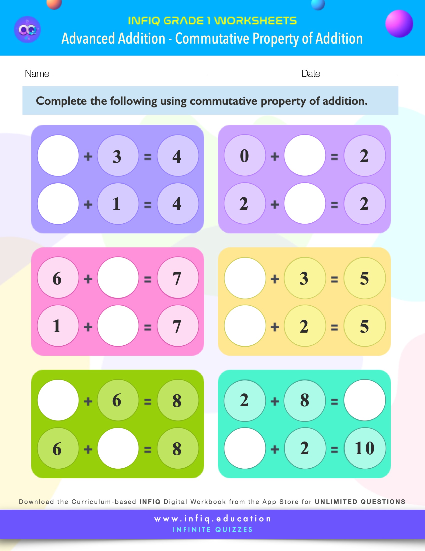 INFIQ GRADE 1 Math Worksheets Advanced Addition Commutative