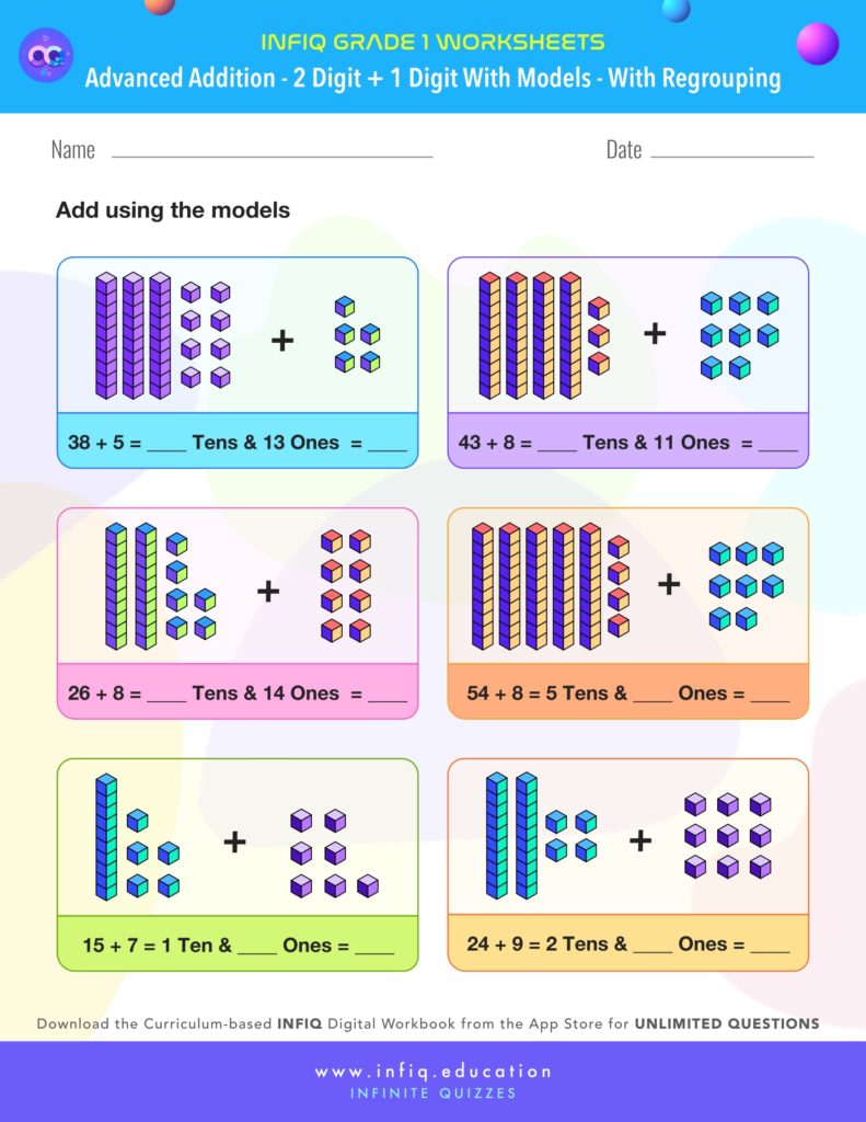Grade 1 - 2 Digit + 1 Digit with models – With Regrouping Worksheet