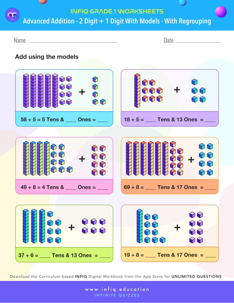 Grade 1 - 2 Digit + 1 Digit with models – With Regrouping Worksheet