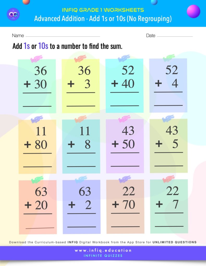 Grade 1 - Add 1s or 10s – No Regrouping Worksheets