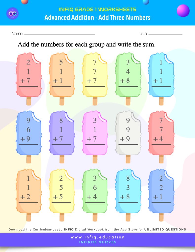 Grade 1 - Add Three Numbers Worksheet