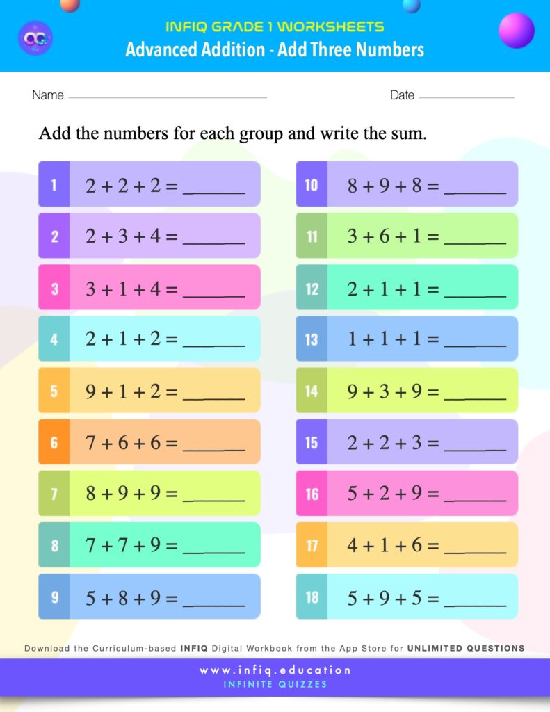 Grade 1 - Add Three Numbers Worksheet