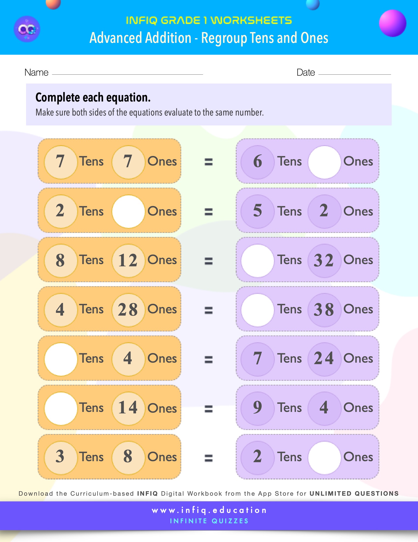 Infiq Grade 1 Math Worksheets Advanced Addition Regroup Tens And Ones 6134