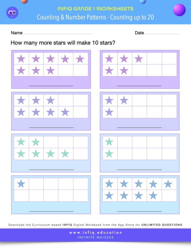 Grade 1 Math Worksheet - Counting & Number Patterns - Counting up to 20