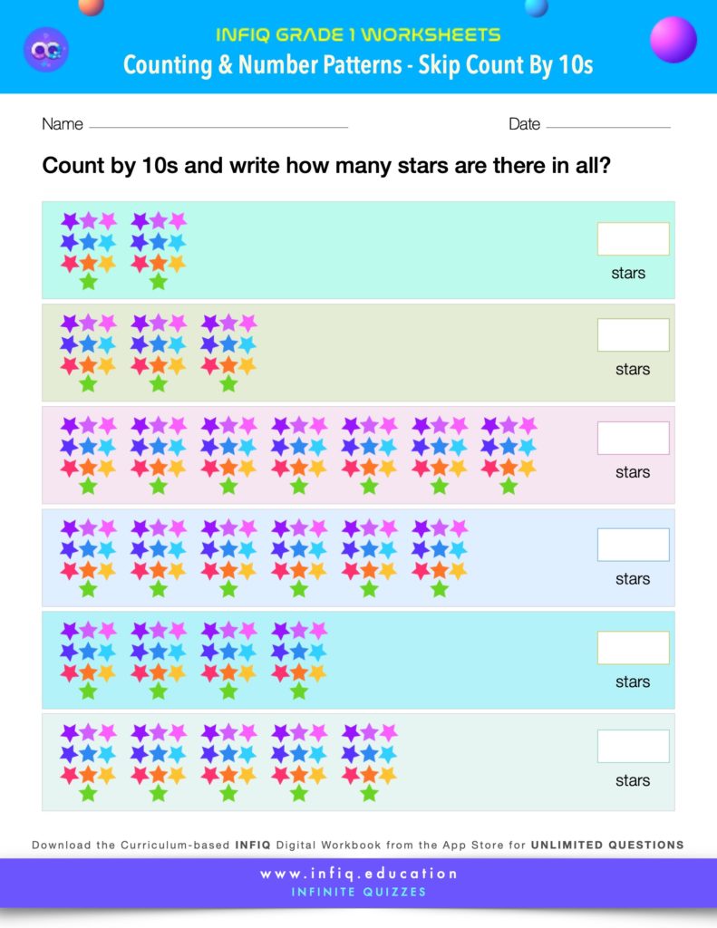 Grade 1 Math Worksheet - Counting & Number Patterns - Skip Count By 10s (using models)