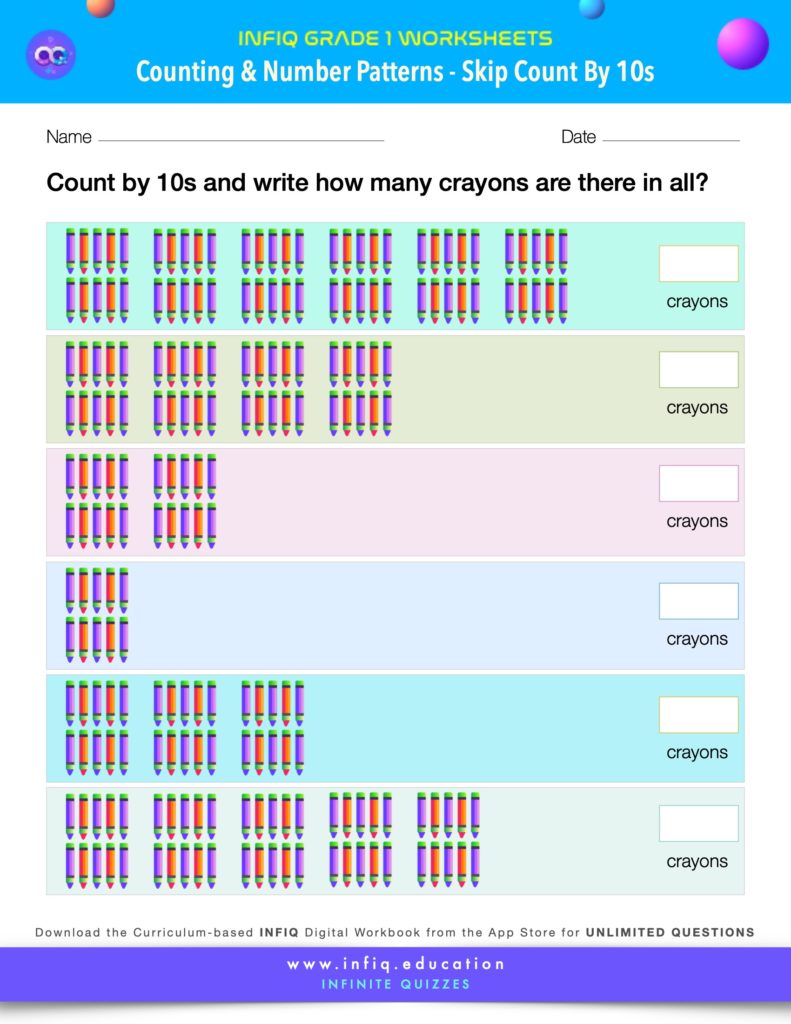 Grade 1 Math Worksheet - Counting & Number Patterns - Skip Count By Tens (using models)
