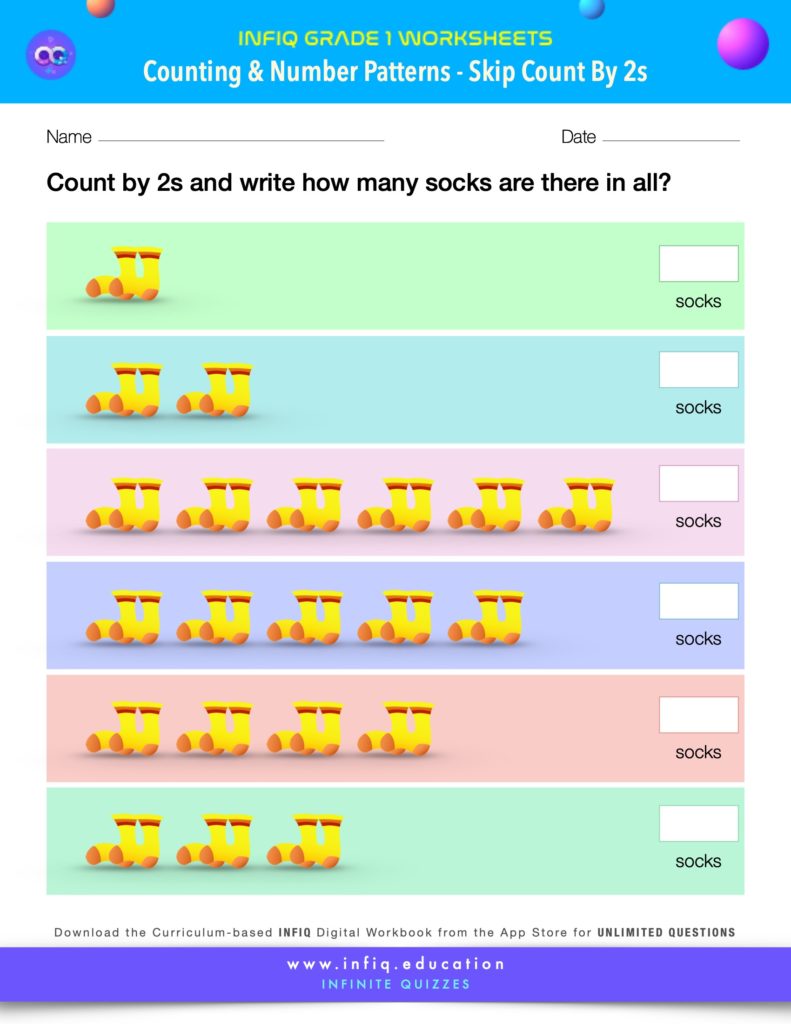 Grade 1 Math Worksheet - Counting & Number Patterns - Skip Count By 2s (using models)