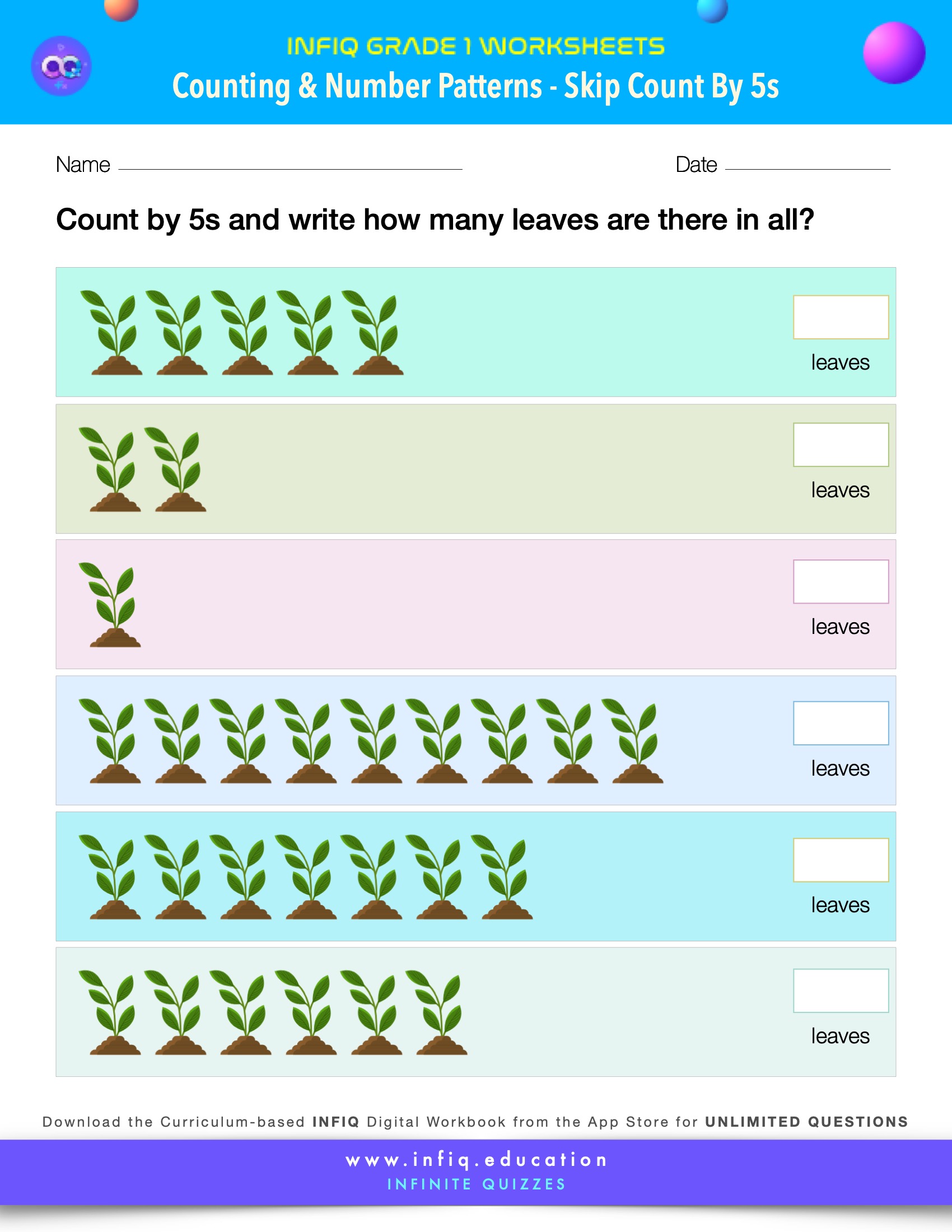 Grade 1 Math Worksheet - Counting & Number Patterns - Skip Count By 5s (using models)