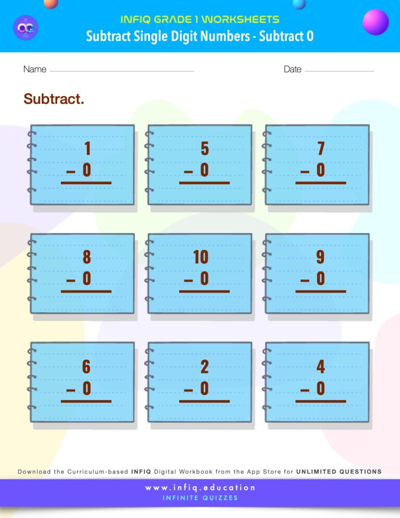 Grade 1 Math: Subtract Single Digit Numbers - Subtract 0 Worksheet