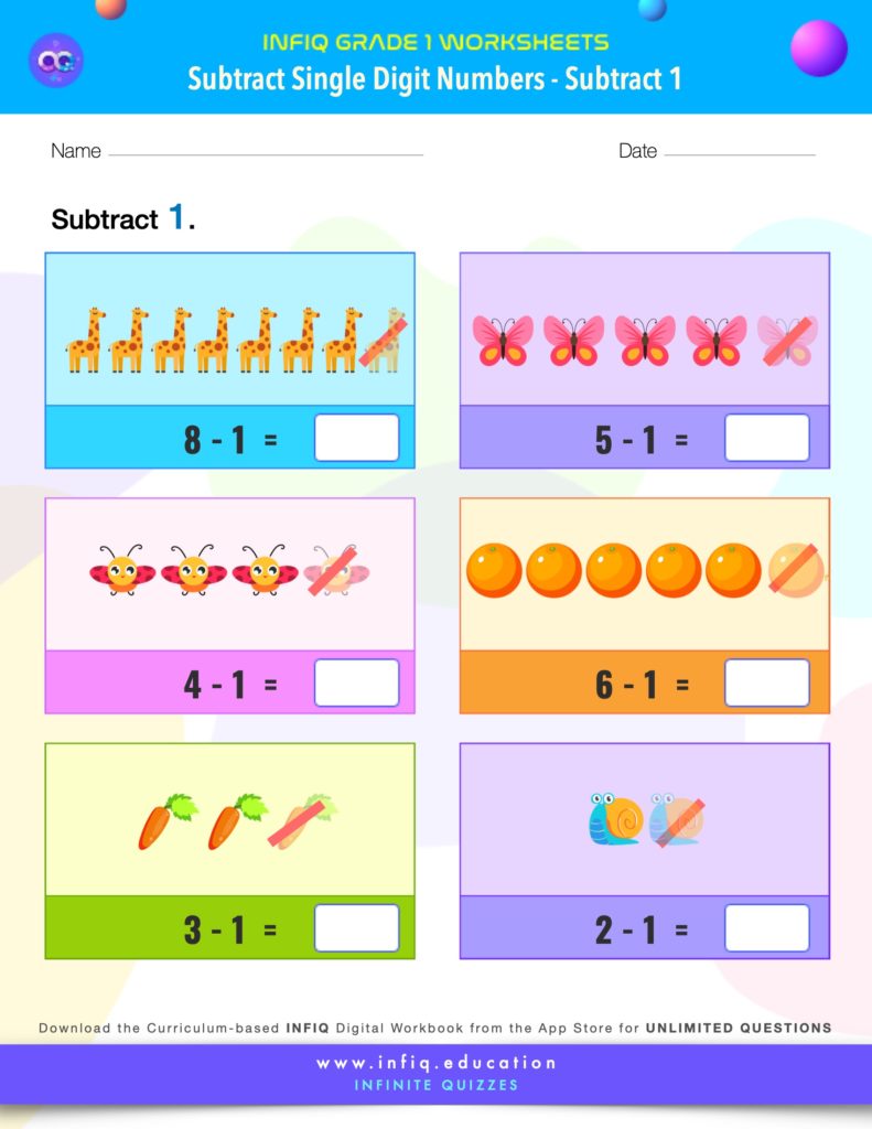 Grade 1 Math: Subtract Single Digit Numbers - Subtract 1 Worksheet