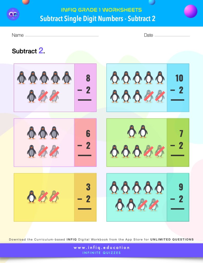 Grade 1 Math: Subtract Single Digit Numbers - Subtract 2 Worksheet