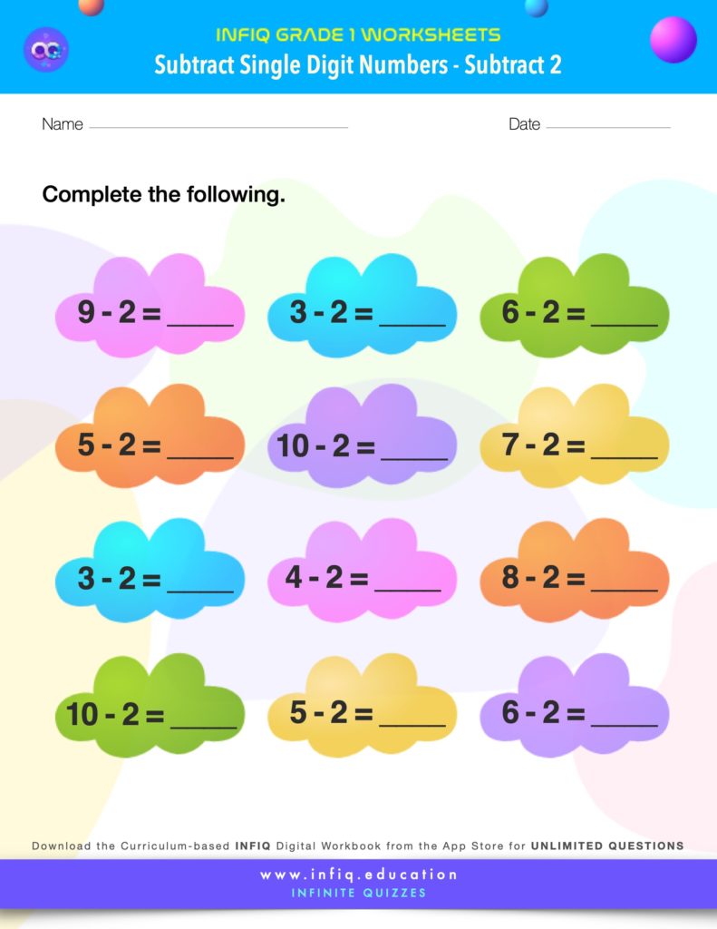 Grade 1 Math: Subtract Single Digit Numbers - Subtract 2 Worksheet