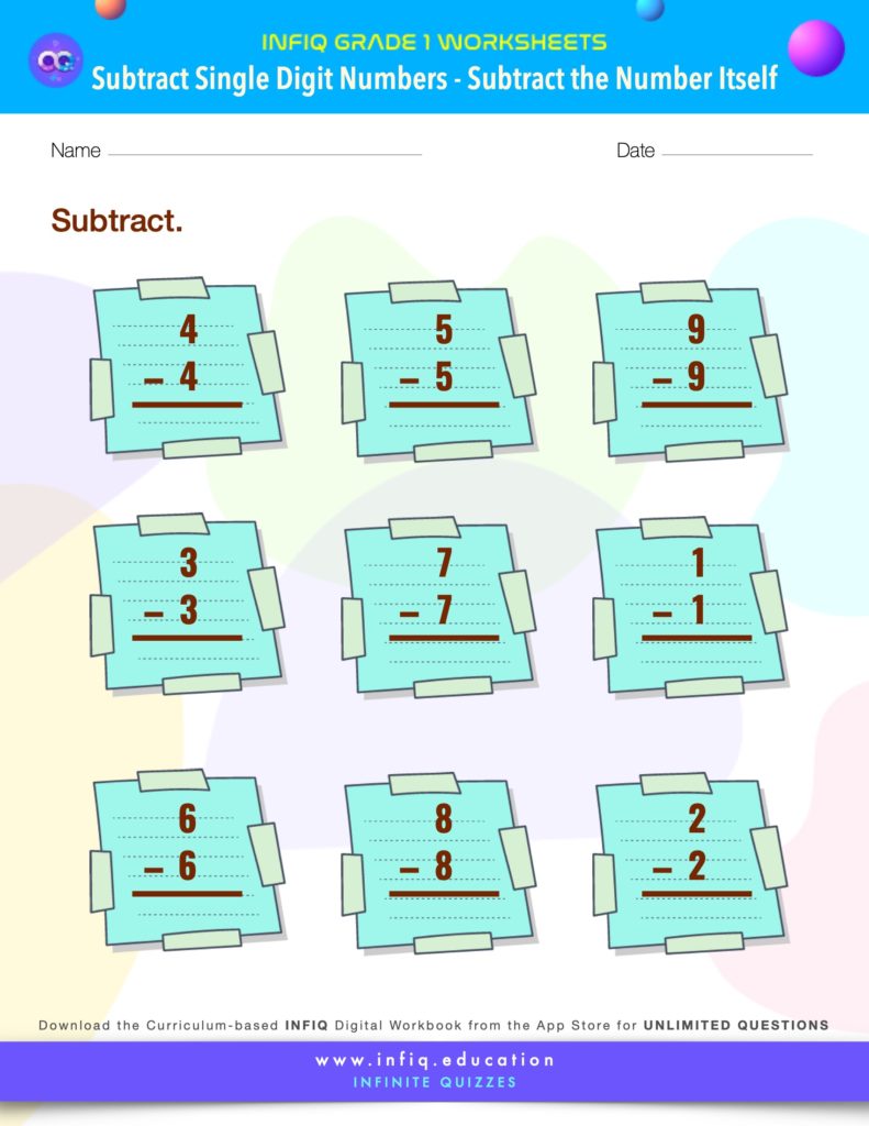 Grade 1 Math: Subtract Single Digit Numbers - Subtract the number itself Worksheet