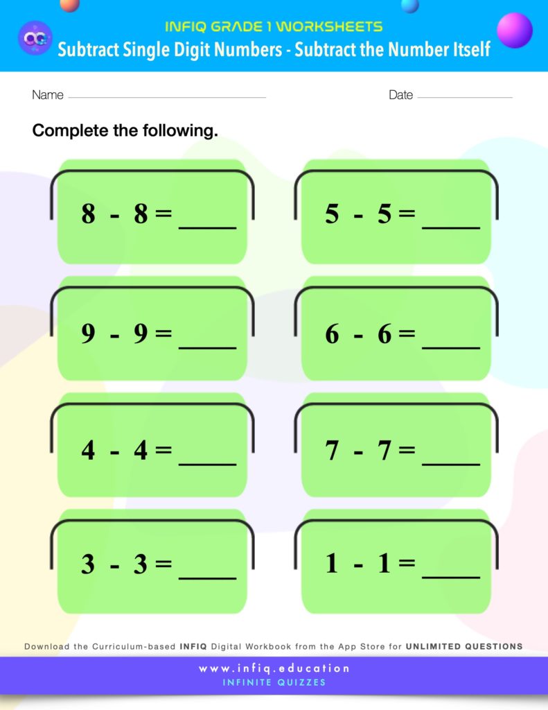 Grade 1 Math: Subtract Single Digit Numbers - Subtract the number itself Worksheet