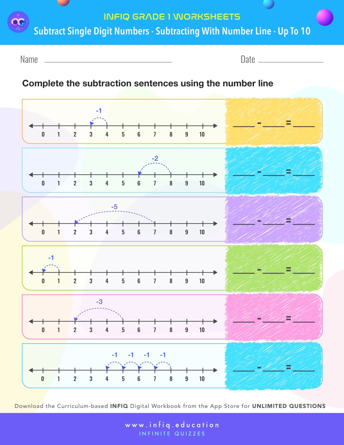 INFIQ GRADE 1 Math Worksheets Subtract Single Digit Numbers Subtracting With Number Line