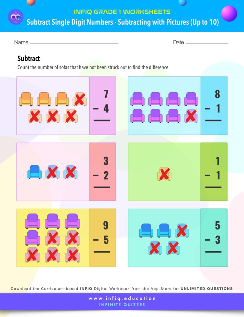 Grade 1 Math: Subtract Single Digit Numbers - Subtracting With Pictures (up to 10) Worksheets