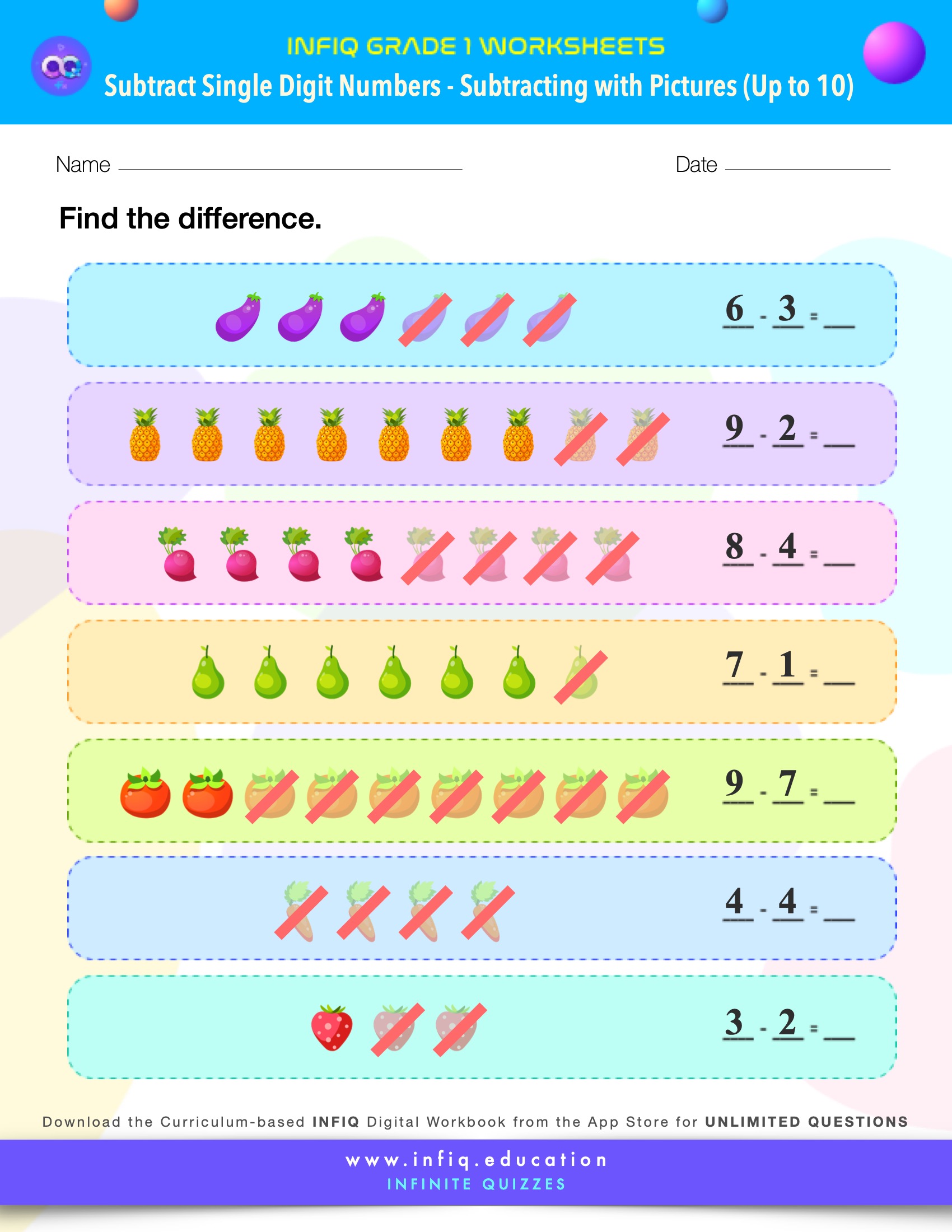 INFIQ | GRADE 1 Math Worksheets- Subtract Single Digit Numbers ...