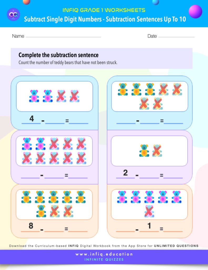 Grade 1 Math: Subtract Single Digit Numbers - Subtraction Sentences (up to 10) Worksheets