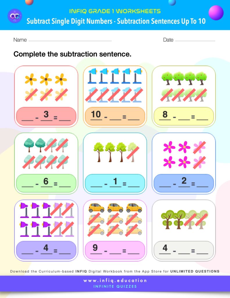 Grade 1 Math: Subtract Single Digit Numbers - Subtraction Sentences (up to 10) Worksheets