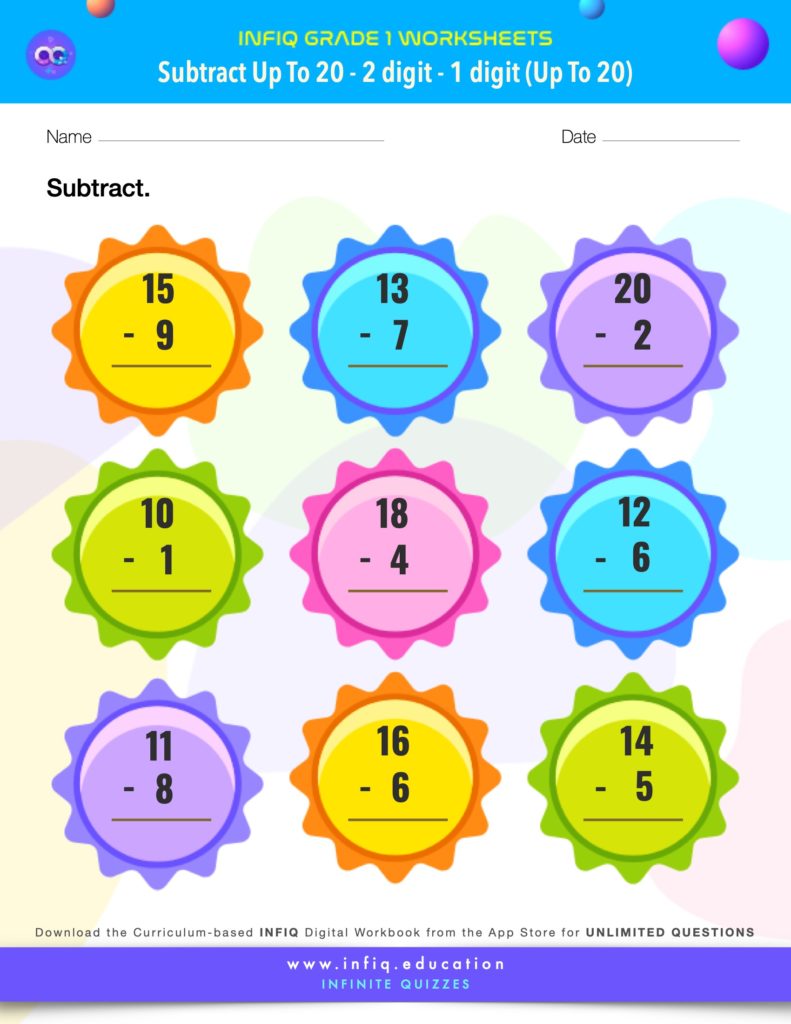 Grade 1 Math > Subtract up to 20 > 2 Digit – 1 Digit (up to 20) Worksheet