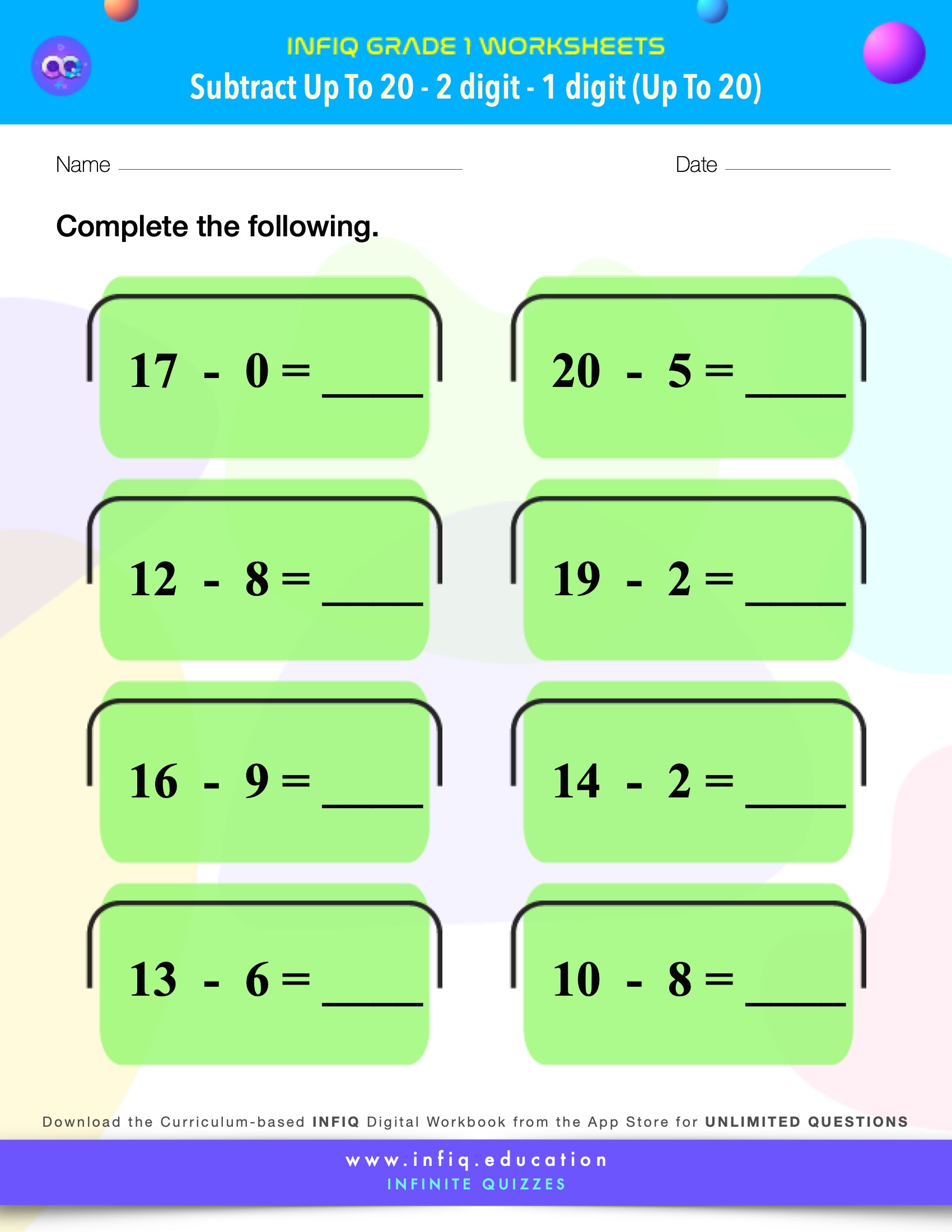INFIQ | GRADE 1 Math Worksheets- Subtract up to 20 - 2 Digit – 1 Digit ...