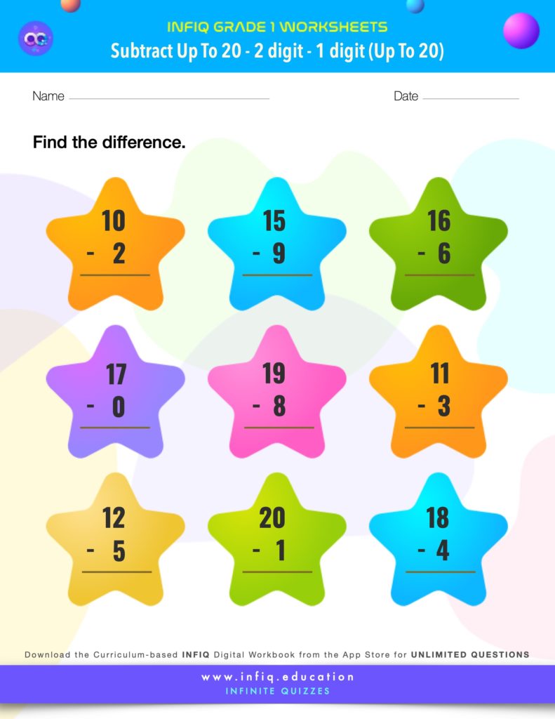 Grade 1 Math > Subtract up to 20 > 2 Digit – 1 Digit (up to 20) Worksheet