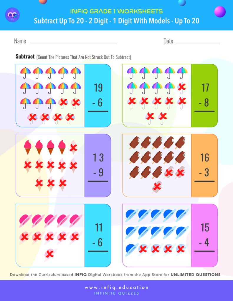 Grade 1 Math > Subtract up to 20 > 2 Digit – 1 Digit with models (up to 20) Worksheet
