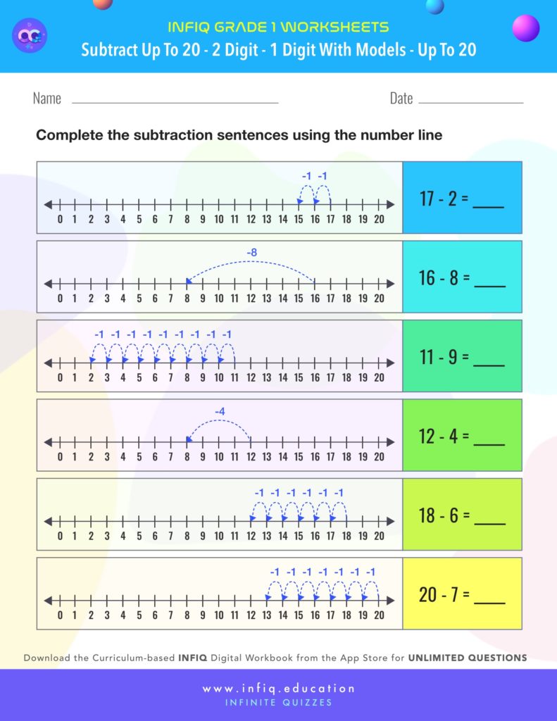 Grade 1 Math > Subtract up to 20 > 2 Digit – 1 Digit with models (up to 20) Worksheet