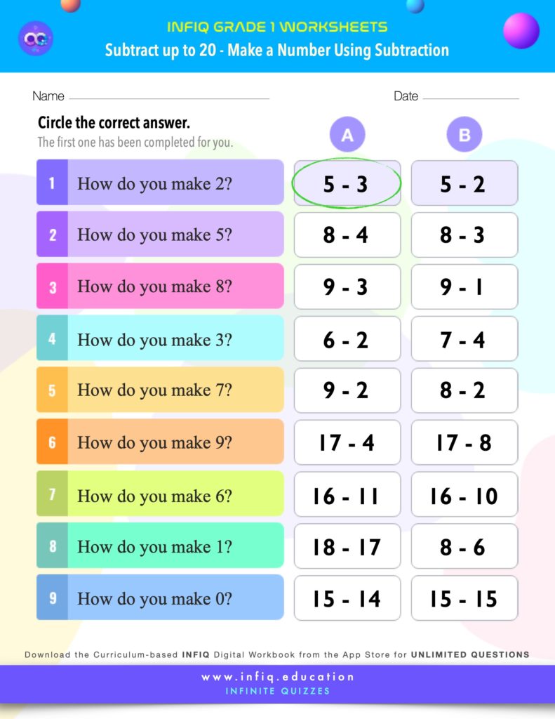 Grade 1 Math > Subtract up to 20 > Make a Number Using Subtraction Worksheet