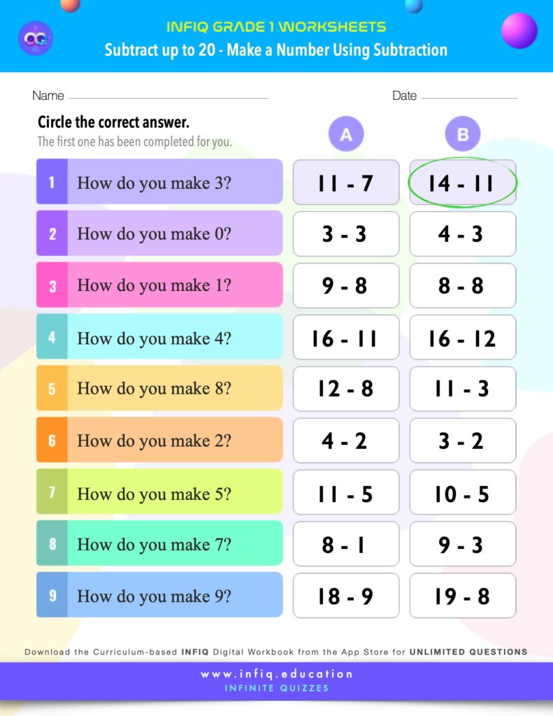 Grade 1 Math > Subtract up to 20 > Make a Number Using Subtraction Worksheet