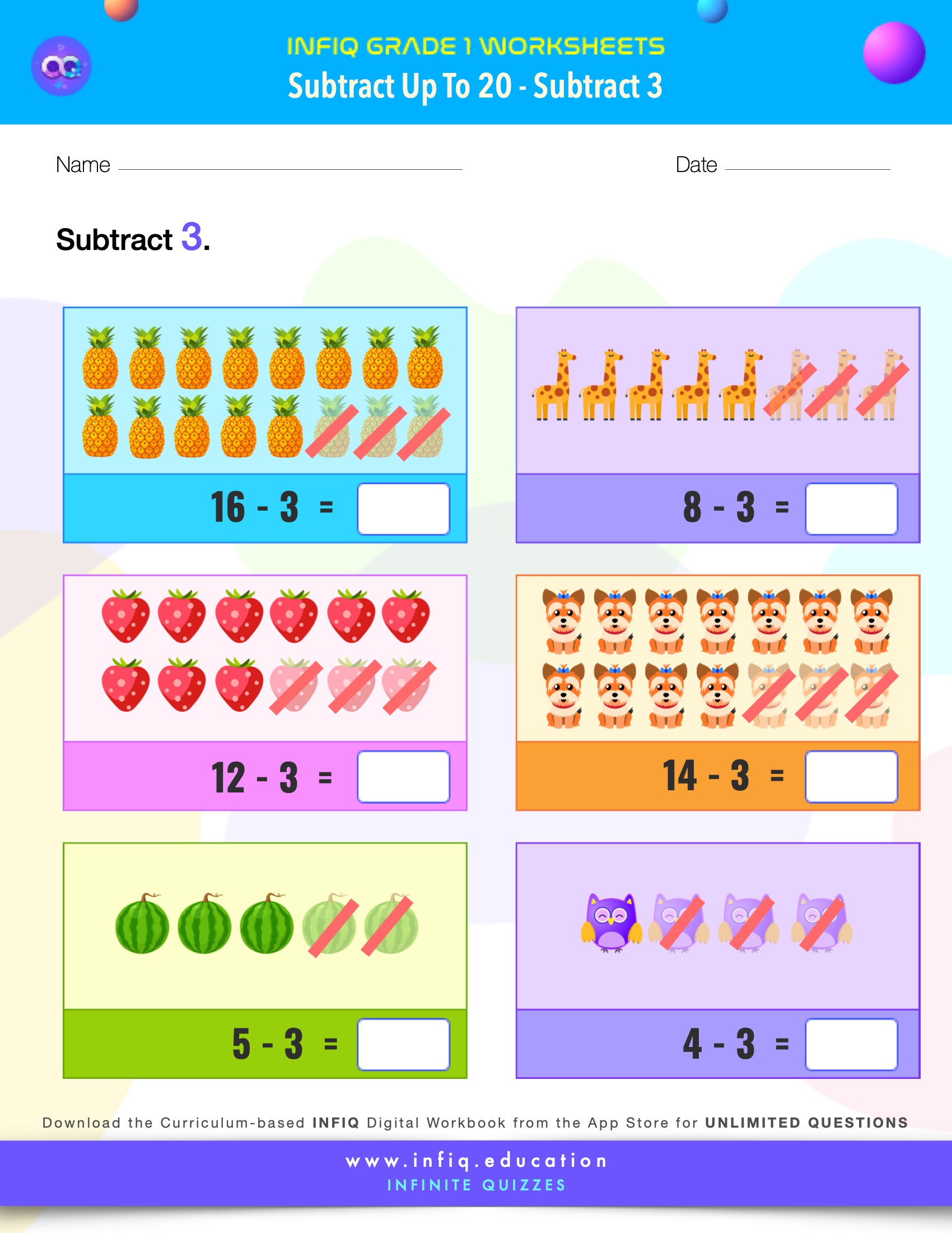 Grade 1 Math > Subtract up to 20 > Subtract 3 Worksheet