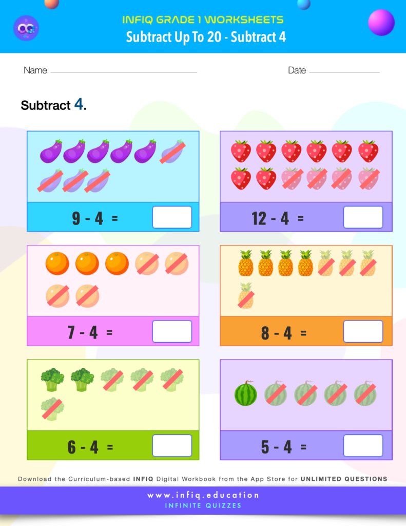 Grade 1 Math > Subtract up to 20 > Subtract 4 Worksheet