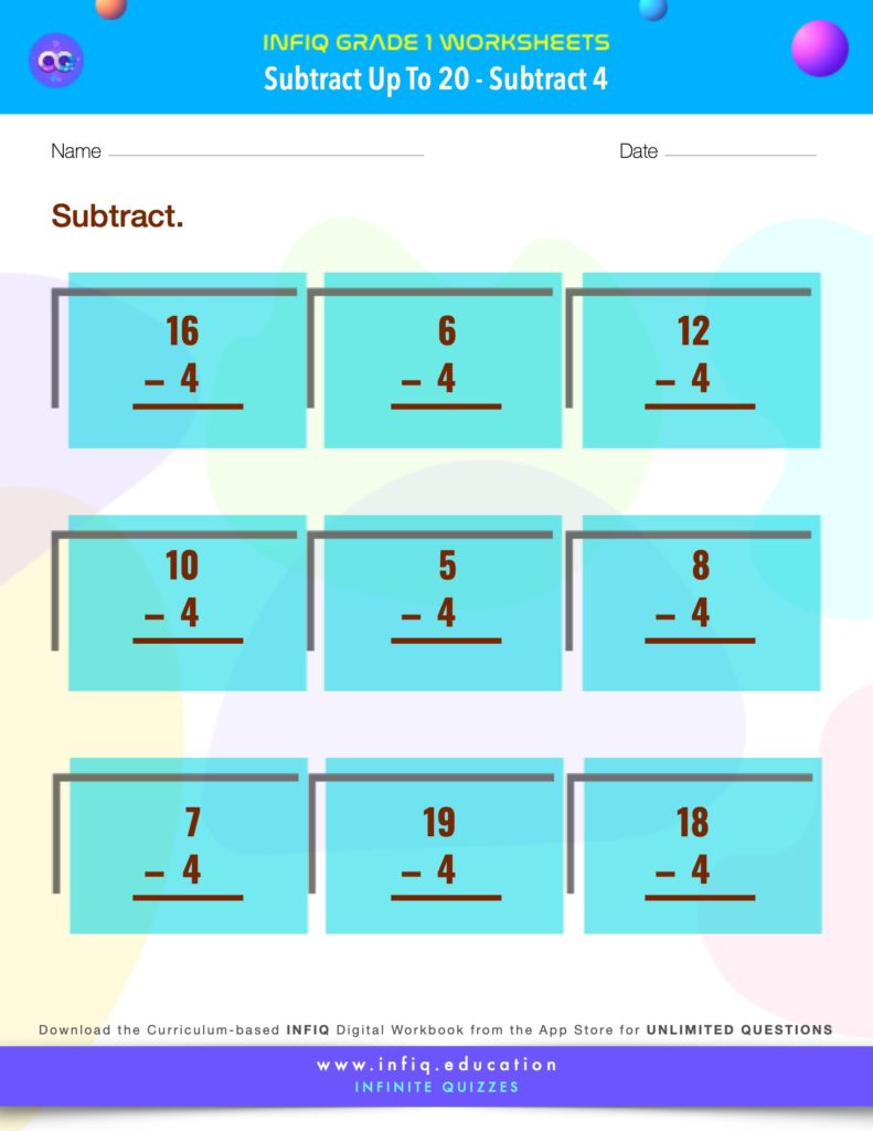 Grade 1 Math > Subtract up to 20 > Subtract 4 Worksheet