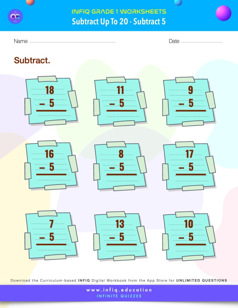 Grade 1 Math > Subtract up to 20 > Subtract 5 Worksheet
