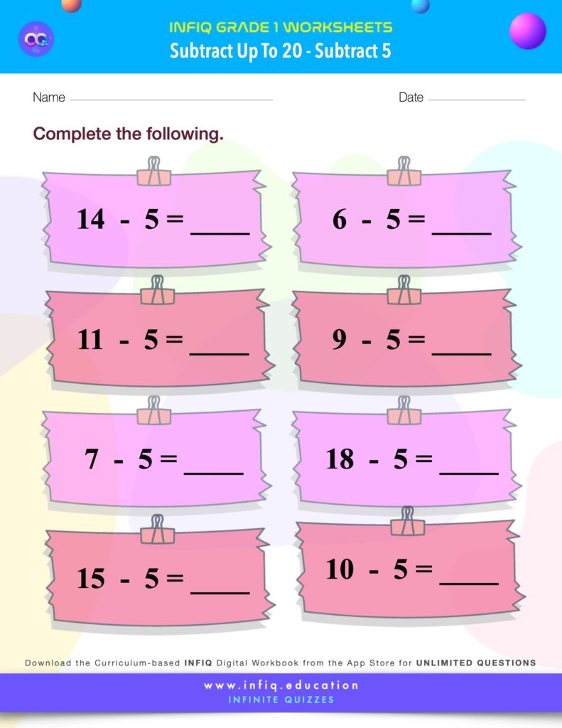 Grade 1 Math > Subtract up to 20 > Subtract 5 Worksheet