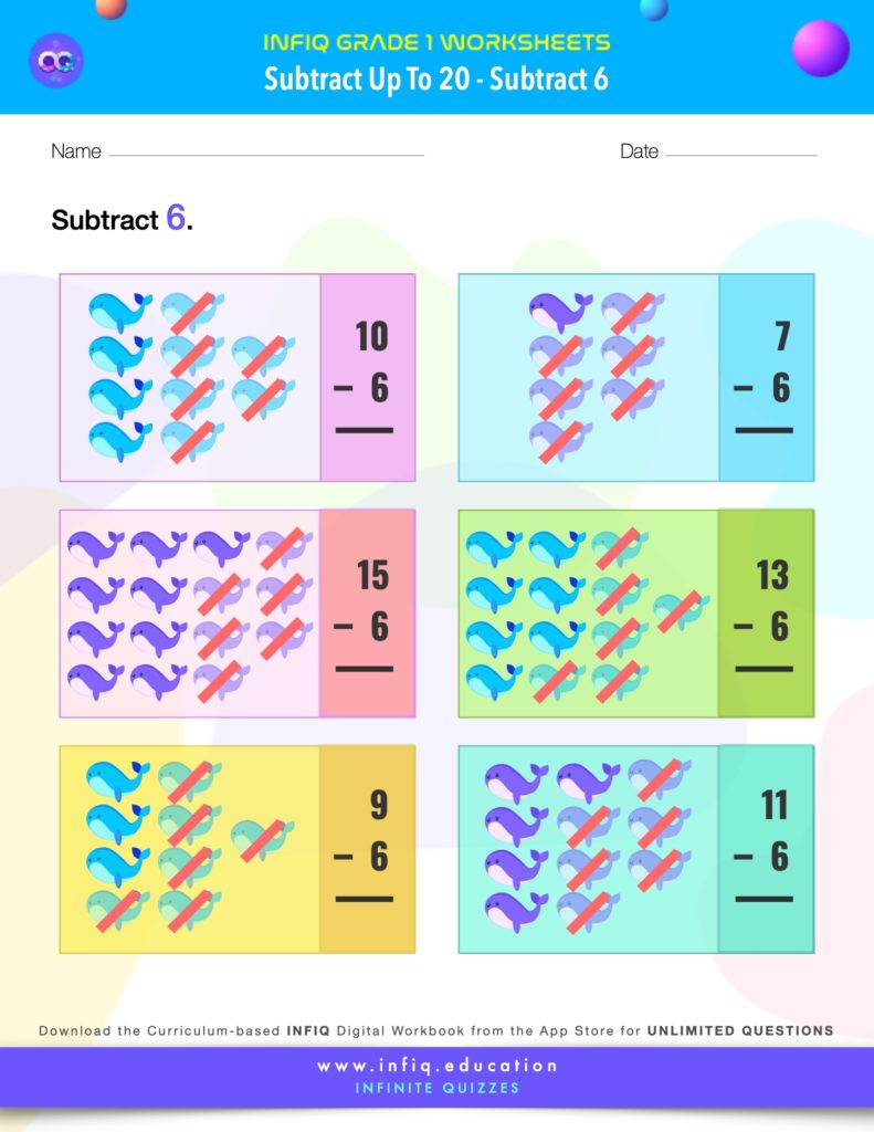Grade 1 Math > Subtract up to 20 > Subtract 6 Worksheet