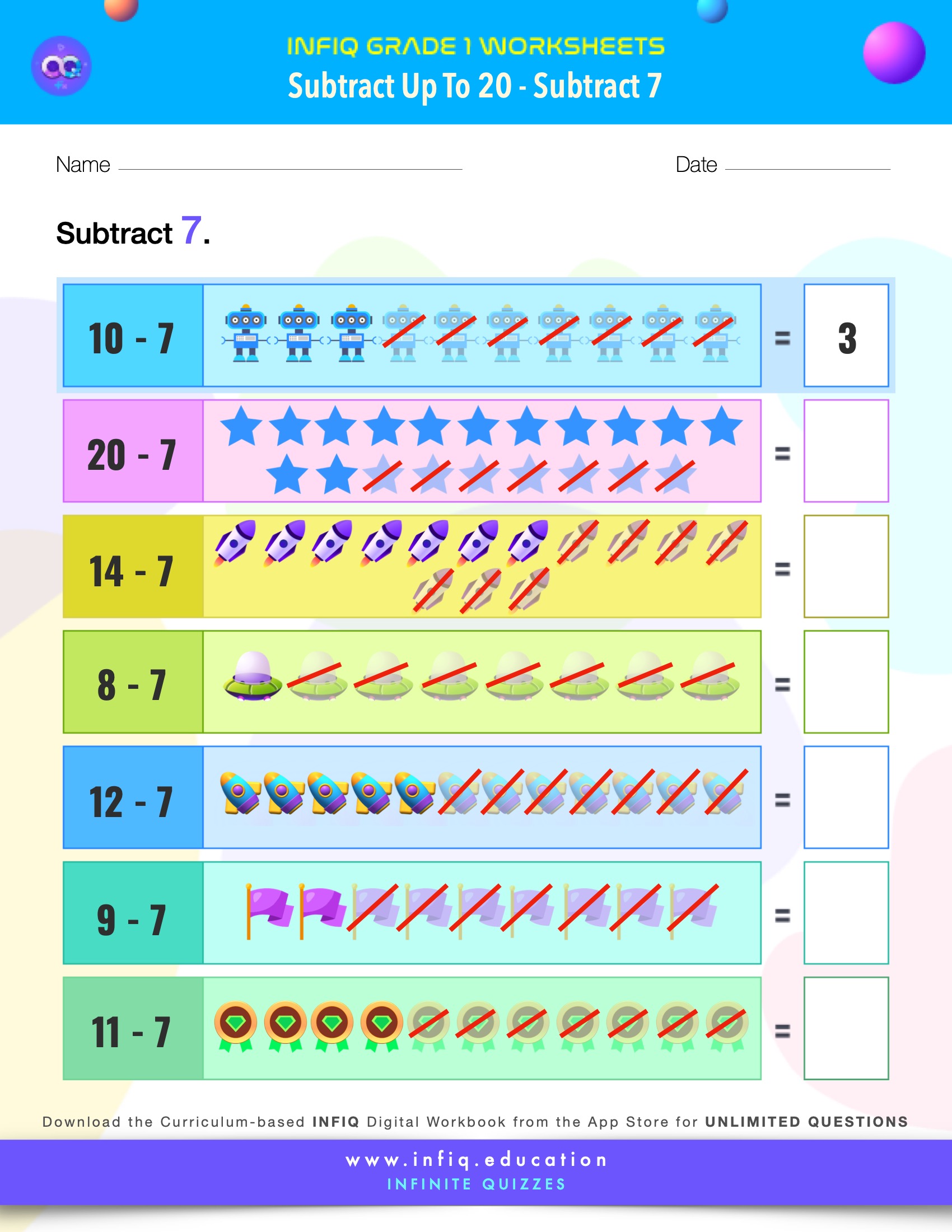 Grade 1 Math > Subtract up to 20 > Subtract 7 Worksheet