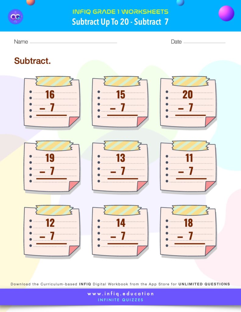 Grade 1 Math > Subtract up to 20 > Subtract 7 Worksheet