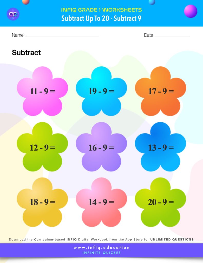 Grade 1 Math > Subtract up to 20 > Subtract 9 Worksheet
