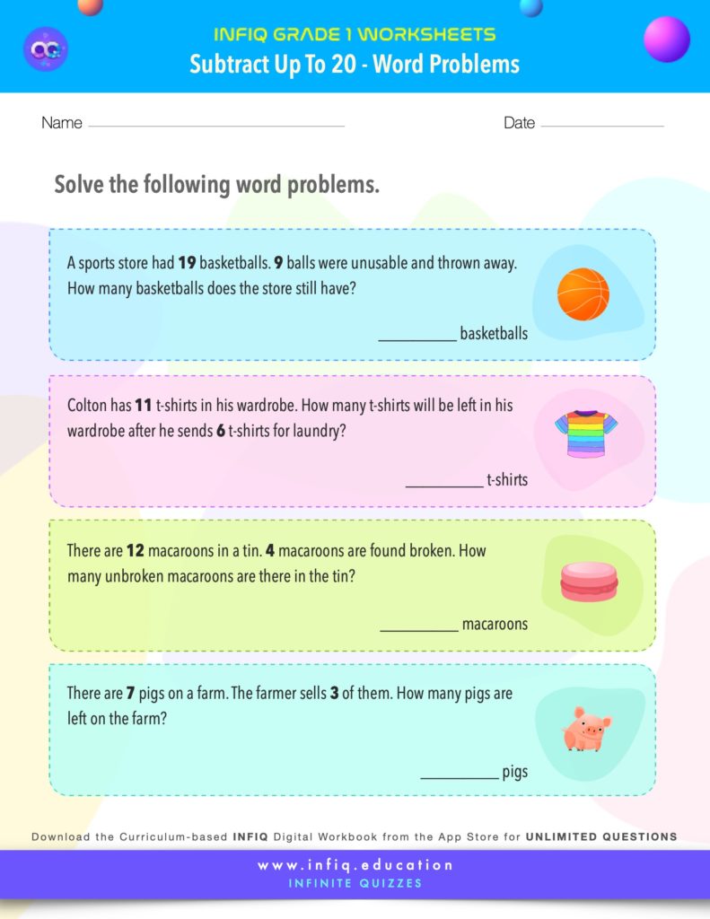 Grade 1 Math > Subtract up to 20 > Word Problems Worksheet