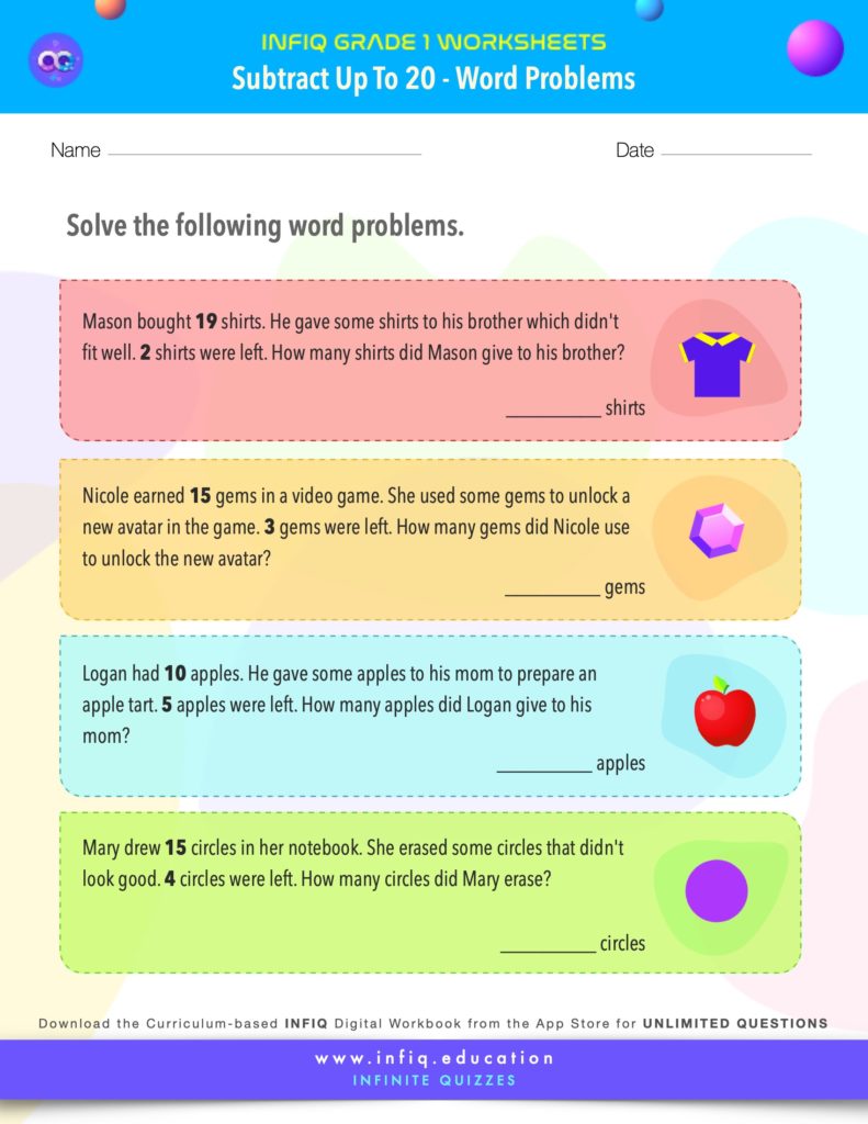 Grade 1 Math > Subtract up to 20 > Word Problems Worksheet