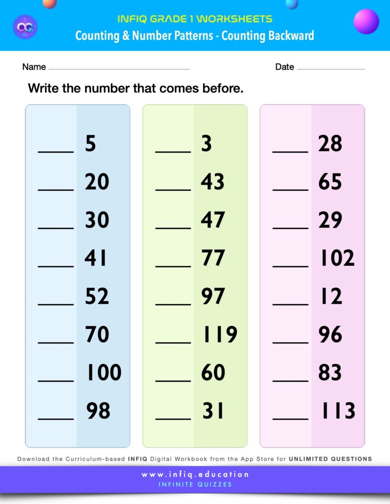 Grade 1 Math Worksheets - Counting & Number Patterns - Counting Backward