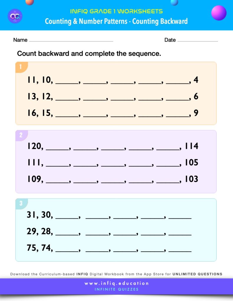 Grade 1 Math Worksheets - Counting & Number Patterns - Counting Backward